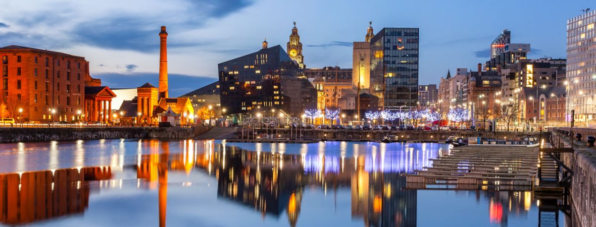 Night view of Liverpool, skyline towards Albert Dock.